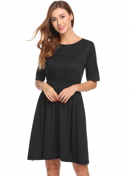 

Black Round Neck Short Sleeve Ruched Elastic Slim Waist Solid Pleated Dress, Multicolor