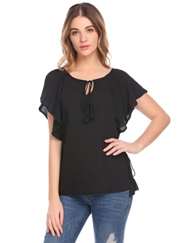 

Black Women Batwing Short Sleeve Solid Chiffon Blouse, Multicolor