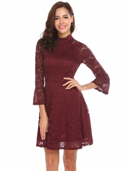 

Wine red Formal Vintage Flare Sleeve Lace Swing Dress, Multicolor