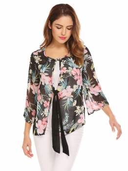 

Black Women 3"4 Sleeve Lace Up Floral Sheer Chiffon Summer Beach Blouse, Multicolor