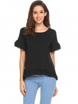

Black Women Round Collar Short Sleeve Ruffles Décor Asymmetrical Casual Blouse Top, Multicolor