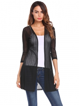 

Black 3"4 Sleeve Textured Casual Open Front Mesh Stretch Cardigan, Multicolor