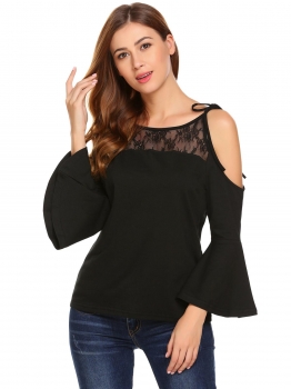 

Black Women Sexy Cold Shoulder Long Flare Sleeve Lace Patchwork T-Shirt Top, Multicolor