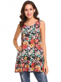 

Black Women Summer Floral Print Sleeveless Loose Tank Blouses Tops With Pocket, Multicolor