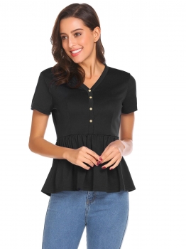 

Black Women V-Neck Short Sleeve Button Décor Casual Slim Fit Peplum Top, Multicolor