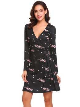 

Black Women Surplice Wrap Split V Neck Long Sleeve Lace Up Floral Print A-Line Dress, Multicolor