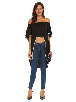 

Black Women Fashion Off the Shoulder Half Sleeve Contrast Color Crop Tops, Multicolor