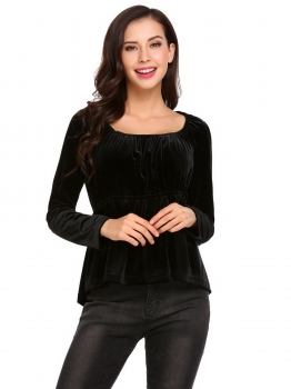 

Black Women Casual Boat Neck Long Sleeve Solid A-Line and Asymmetrical Hem Velvet Sexy Blouse, Multicolor