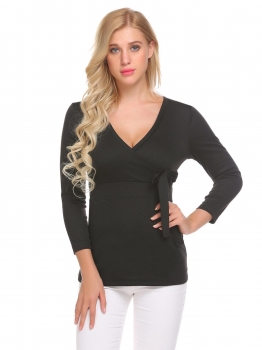 

Black Women Knitwear Bownot Slim Waist V-Neck Long Sleeve Solid T-Shirt, Multicolor