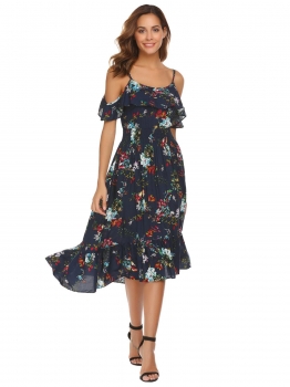 

Navy blue Women Casual Spaghetti Straps Cold Shoulder Sleeveless A-Line Pleated Sexy Dress, Multicolor