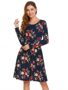 

Navy blue O-Neck Long Sleeve Floral A-Line Pleated Dress, Multicolor
