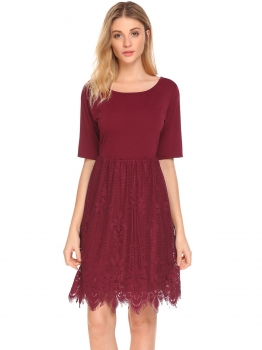 

Wine red Women Short Sleeve O-Neck Lace Patchwork High Waist Solid Dress, Multicolor