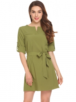 

Army green Notched V Neck Long Sleeve Cuffed Sleeves Shirt Dress with Belt, Multicolor