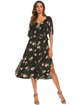 

Black Women V-Neck Short Split Butterfly Sleeve High Waist Print Side Dress, Multicolor