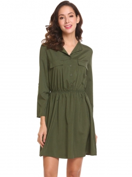 

Dark green Women V-Neck Roll-Up Cuffed Sleeves Button Front Ruched Shirt Dress With Belt, Multicolor