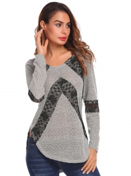 

Gray Women Round Neck Lace Patchwork Curved Hem Causal Loose Pullover Sweater, Multicolor