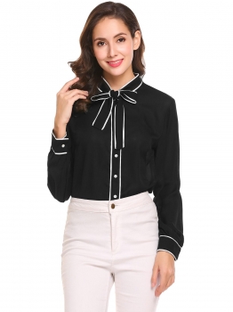 

Black Women Tie-Bow Neck Long Sleeve Patchwork Casual Chiffon Button Down Shirt, Multicolor