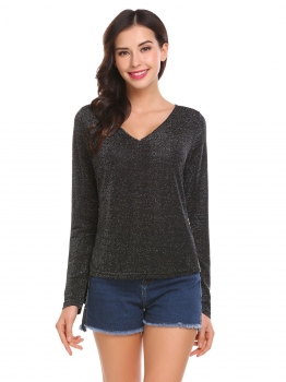 

Black Women Casual V-Neck Long Sleeve Patchwork Asymmetrical Hem Sexy Blouse T-shirt Tops, Multicolor
