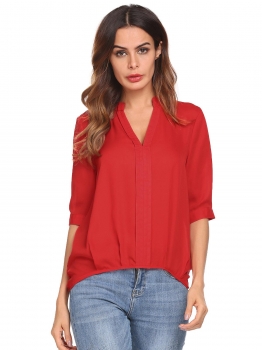 

Red Women Casual V-Neck Half Sleeve Solid Chiffon Blouse, Multicolor