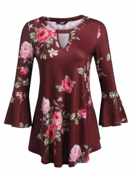 

Wine red Women O-Neck Flare Long Sleeve Floral Print Casual Loose Shirts Blouse Tunic Top, Multicolor