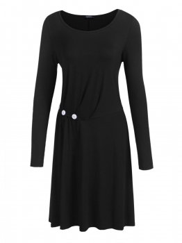 

Black Women Round Neck Long Sleeve Side Ruched Button Decoration Casual Tunic Dress, Multicolor