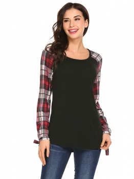 

Black Women Round Neck Lace Up Raglan Long Sleeve Plaids Patchwork Blouse Tops, Multicolor