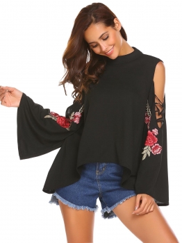 

Black Women O Neck Cold Shoulder Flare Long Sleeve Floral Embroidery Loose Blouse Tops, Multicolor