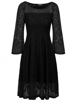 

Black Round Neck Flare Sleeve Lace Floral High Waist A Line Going Out Dress, Multicolor