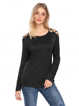 

Black Women Solid Casual Cold Shoulder O-Neck Long Sleeve T-Shirt, Multicolor