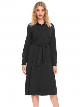 

Black Women Casual Shirt Collar Long Sleeve Solid Loose Dress with Belt, Multicolor