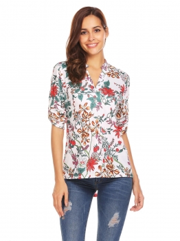 

White Women Notch Neck Roll Up Sleeve Floral Asymmetrical Loose Blouse Top, Multicolor