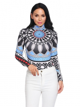 

Blue Women Turtleneck Long Sleeve Geometric Slim Fit Casual T-Shirt Top, Multicolor