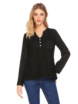 

Black Women Notch Neck Roll Up Sleeve Asymmetrical Loose Lace Chiffon Blouse Top, Multicolor