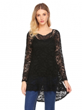 

Black Women V-Neck Long Sleeve See Through Lace Asymmetrical Ruffles Blouse Top, Multicolor