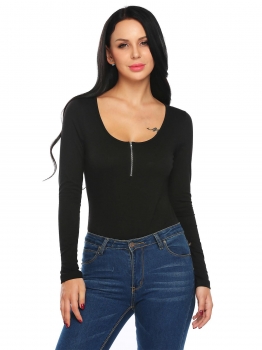 

Black Women Sexy Scoop Neck Long Sleeve Zipper Front Solid Slim Fit Bodysuit, Multicolor