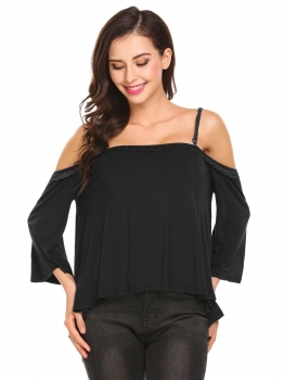 

Black Women Spaghetti Strap Cold Shoulder Flare Sleeve Lace Trim Loose Blouse Tops, Multicolor