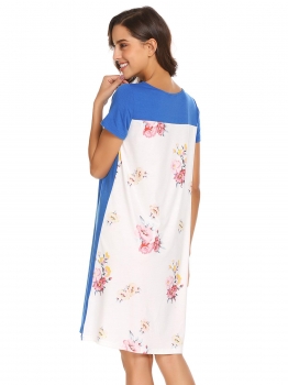 

Blue Women Fashion O-Neck Long Sleeve Floral Patchwork Loose Straight Casual Dress, Multicolor