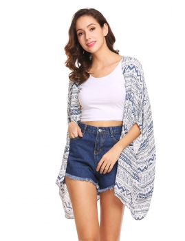 

White Women Batwing Sleeve Open Front Print Summer Beach Kimono Cardigan, Multicolor