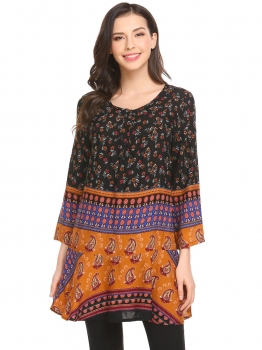 

Black Women Casual O-Neck 3"4 Sleeve Prints A-Line Ruffle Hem Loose Blouse T-shirt Tops, Multicolor