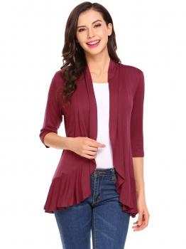

Wine red Women Casual 3"4 Sleeve Solid Ruffled Cardigan, Multicolor