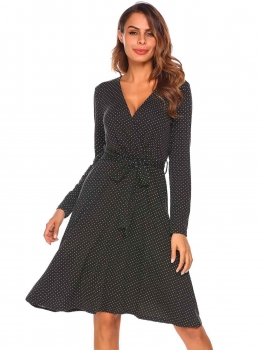 

Black Women Crossover V-Neck Long Sleeve Dot Fit and Flare Casual Dress with Belt, Multicolor