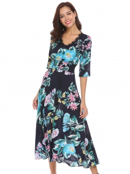

Blue Women Fashion Floral Lace-trimmed V-Neck Half Sleeve Solid Slim Waist Beach Dress, Multicolor