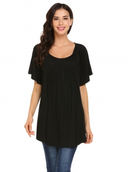 

Black Women Casual O-Neck Short Sleeve Solid Ruffle Regular Fit Loose Sexy T-shirt, Multicolor