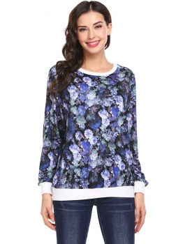 

Blue Women O-Neck Floral Patchwork Casual Loose Fit Thin Pullover Sweatshirt, Multicolor