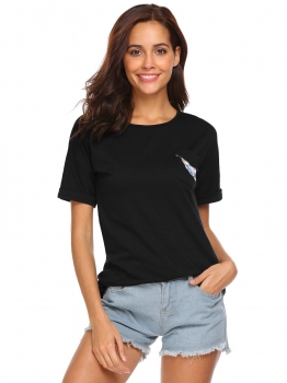 

Black Women Casual Round Neck Short Sleeve Print T Shirt Graphic Tee, Multicolor