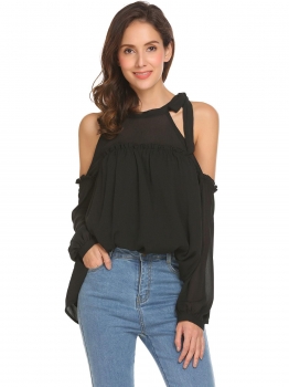 

Black Women Halter Cold Shoulder Long Sleeve Ruffles Casual Loose Fit Blouse Top, Multicolor