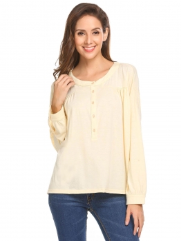 

Apricot Women Casual Round Neck Long Sleeve Button Front Pleated Loose Blouse Tops, Multicolor