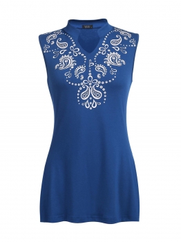 

Blue Women Notch Neck Sleeveless Print Casual Loose Fit Tunic Tank Top, Multicolor