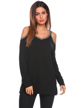 

Black Women Casual V Neck Cold Shoulder Long Sleeve Patchwork Loose Blouse Tops T-shirt, Multicolor