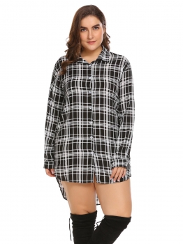 

Black Women Plus Size Long Sleeve Plaid Button Down Casual Shirt with Belt, Multicolor